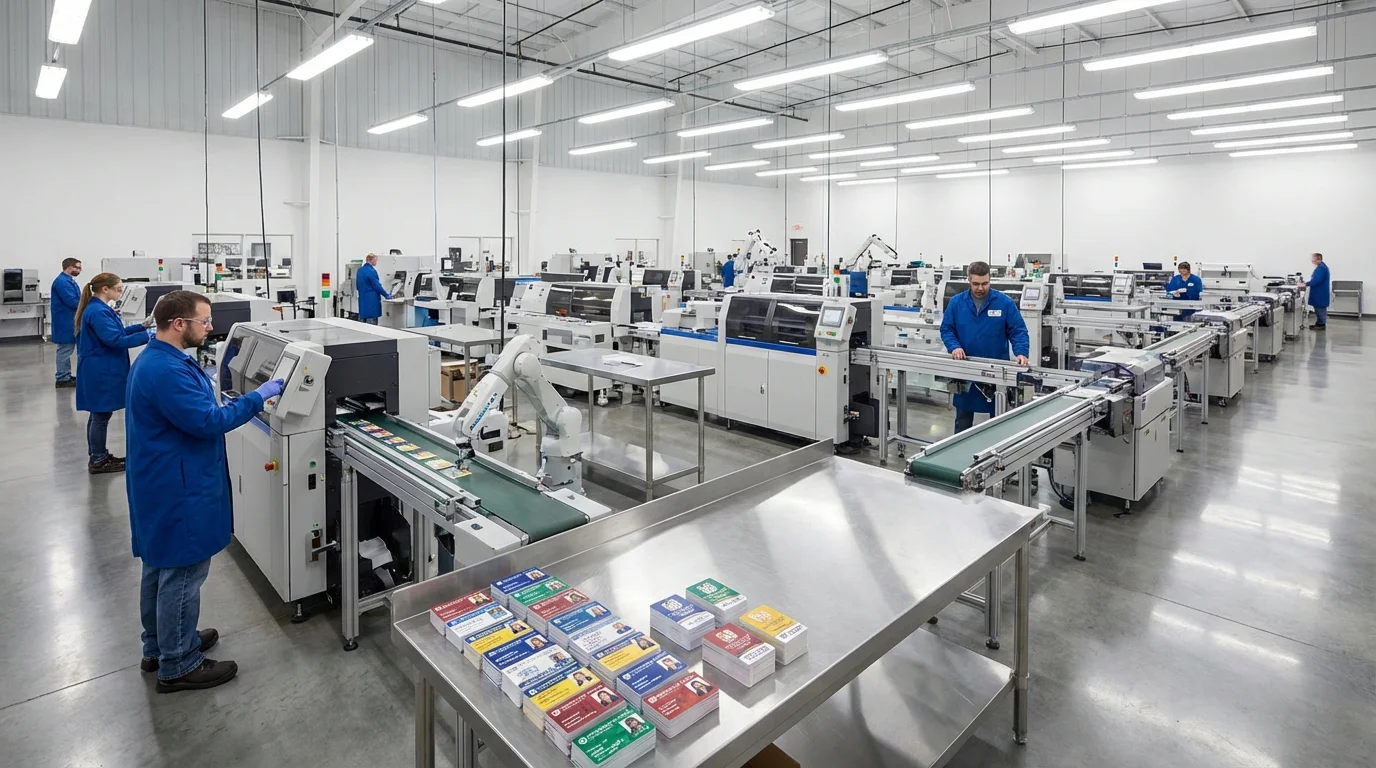 Modern RFID card manufacturing facility with precision printing equipment