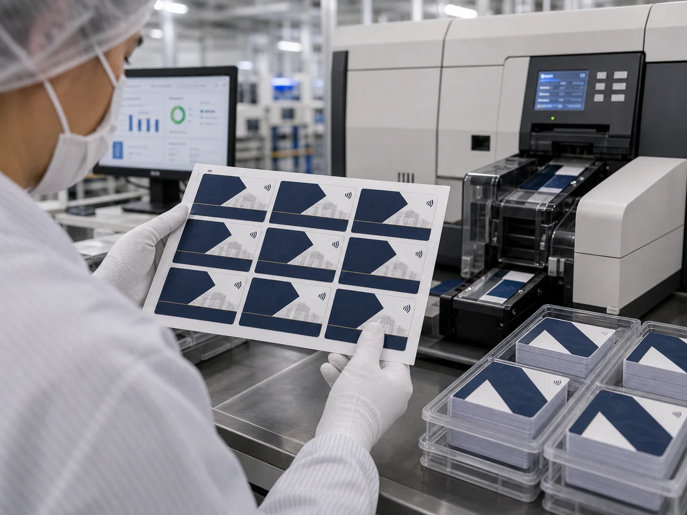 Modern RFID card manufacturing facility with precision printing equipment